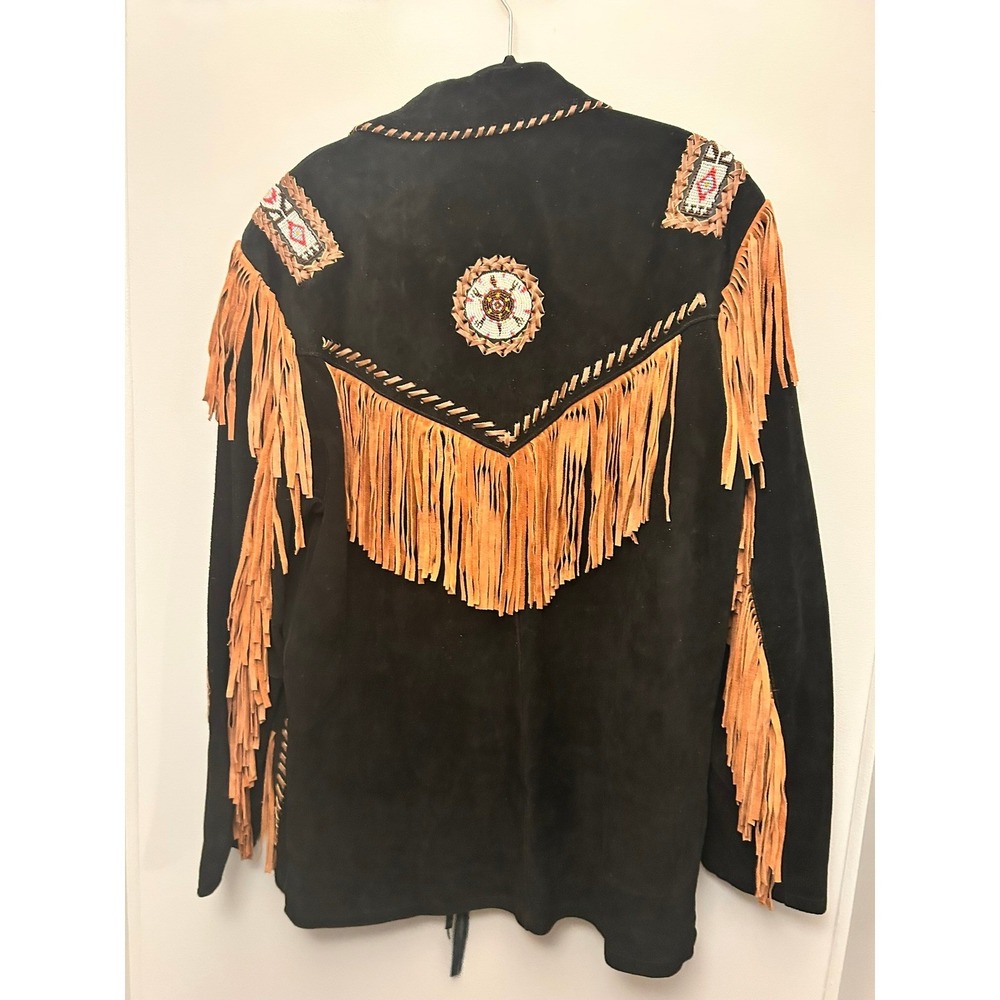 Real Leather Western Jacket Mens Suede Fringe Beaded Native American Style - Picture 5 of 7
